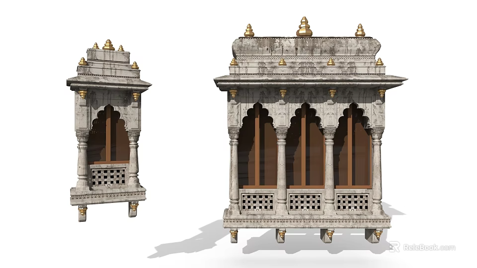 Ornate Stone Architectural Components with Carved Columns Lattice Windows and Golden Decorative Tops 3d model 