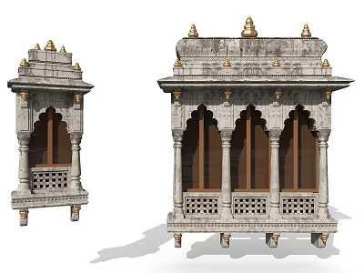 Ornate Stone Architectural Components with Carved Columns Lattice Windows and Golden Decorative Tops 3d model
