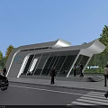 Modern Streamlined Building With Glass Facade Parked Car And Pedestrians