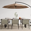Modern Outdoor Table with Patio Umbrella Chairs and Tabletop Plant and Fruits