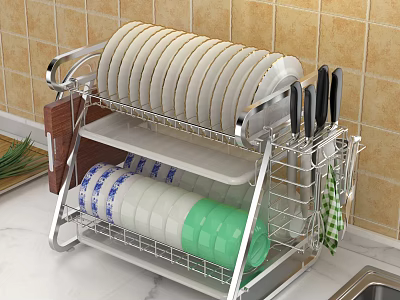 Kitchen Cabinet Storage With Stainless Steel Dish Rack Plates Bowls And Knives 3d model