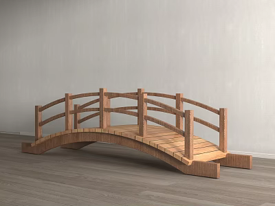Wooden Landscape Bridge with Arched Structure and Wooden Railings and Planked Walkway 3d model