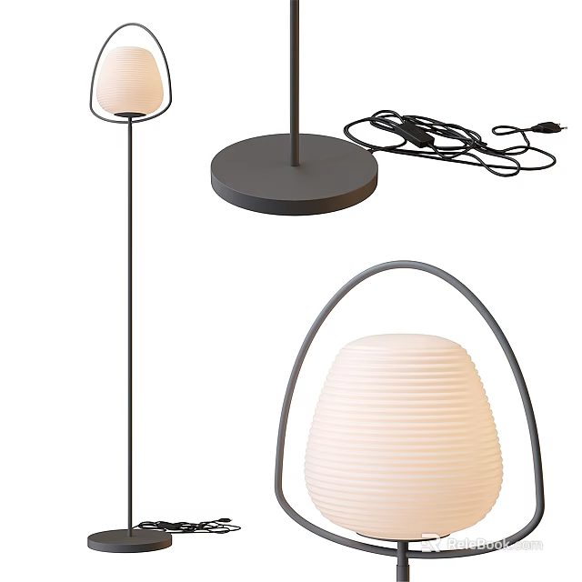 Modern Floor Lamps With Black Metal Frame And White Ribbed Shade Design 3d model 