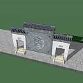Chinese Traditional Building Exterior Wall with Carved Pattern Symmetric Doors and Tile Roof