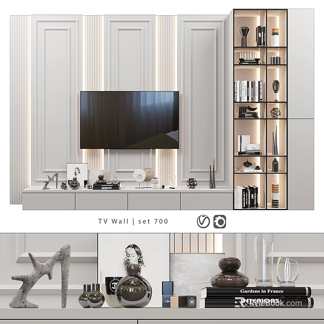 Modern TV Wall Design With Vertical Stripes Built in Shelves And Decorative Items 3d model