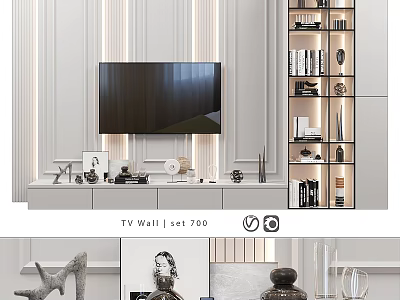 Modern TV Wall Design With Vertical Stripes Built in Shelves And Decorative Items 3d model