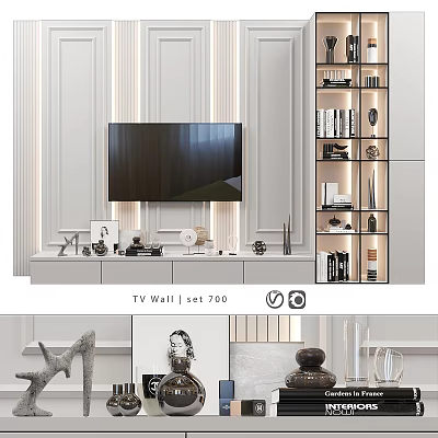 Modern TV Wall Design With Vertical Stripes Built in Shelves And Decorative Items 3d model