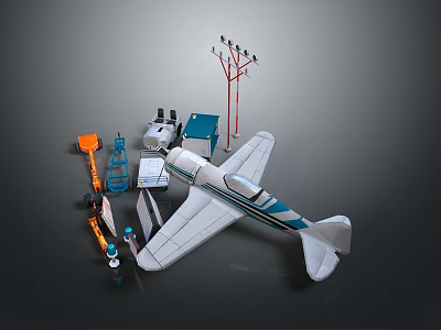 Collection of Model Toys Featuring White Blue Airplane Orange Vehicle And Red Tower 3d model