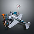 Collection of Model Toys Featuring White Blue Airplane Orange Vehicle And Red Tower