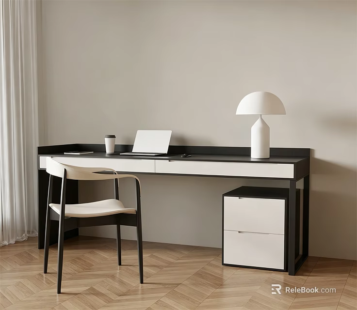 Modern Interior Desk And Chair Set With Laptop Coffee Cup And Table Lamp 3d model 