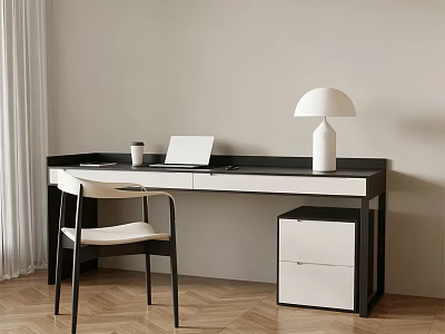 Modern Interior Desk And Chair Set With Laptop Coffee Cup And Table Lamp 3d model