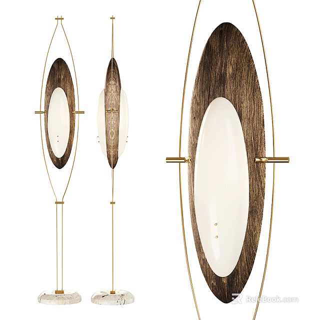 Modern Oval Shaped Floor Lamp With Wooden Frame Golden Metal And White Shade 3d model 