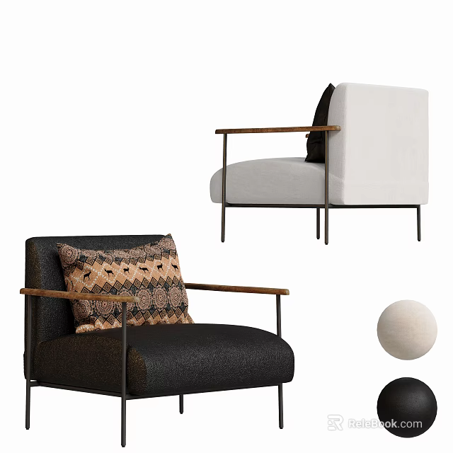 Modern Comfortable Lounge Chairs With White Black Fabric Wooden Armrests And Decorative Pillow 3d model 