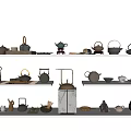 Various Tea Sets With Teapots Cups On White Shelves Light Wall Background 3d model