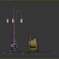 Detailed 3D Scenery With Purple Street Lamp Yellow Barrel And Blue Gravel Ground
