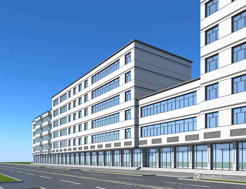 Sleek Modern Commercial Complex With Multi Storey Structure Large Glass Windows And Retail Storefronts 3d model