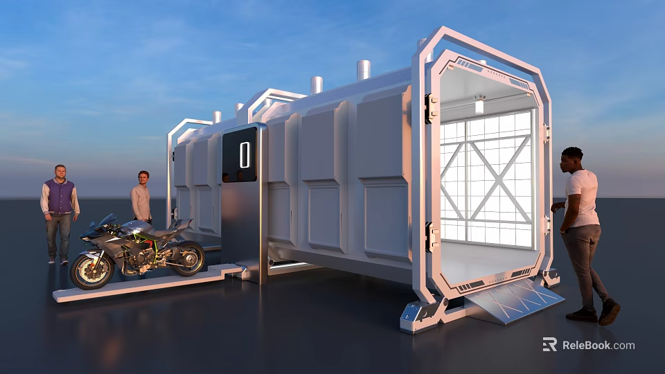Modern Container Structure With Open Door Motorcycle And People Standing Nearby 3d model 
