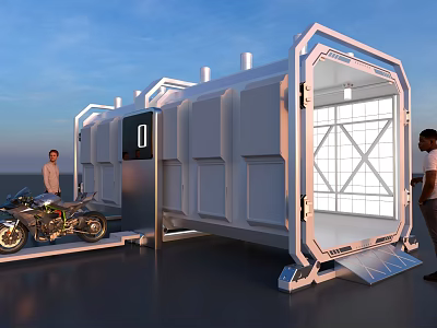 Modern Container Structure With Open Door Motorcycle And People Standing Nearby 3d model