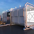 Modern Container Structure With Open Door Motorcycle And People Standing Nearby