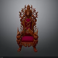 Red Ornate Throne Chair With Intricate Carvings And Velvet Upholstered Seat