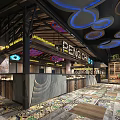 Modern Restaurant Interior With Blue Hanging Lights Bar Counter And Colorful Patterned Floor 3d model