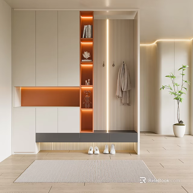 Modern Entryway Hallway With Built In Storage Lighting And Bench 3d model