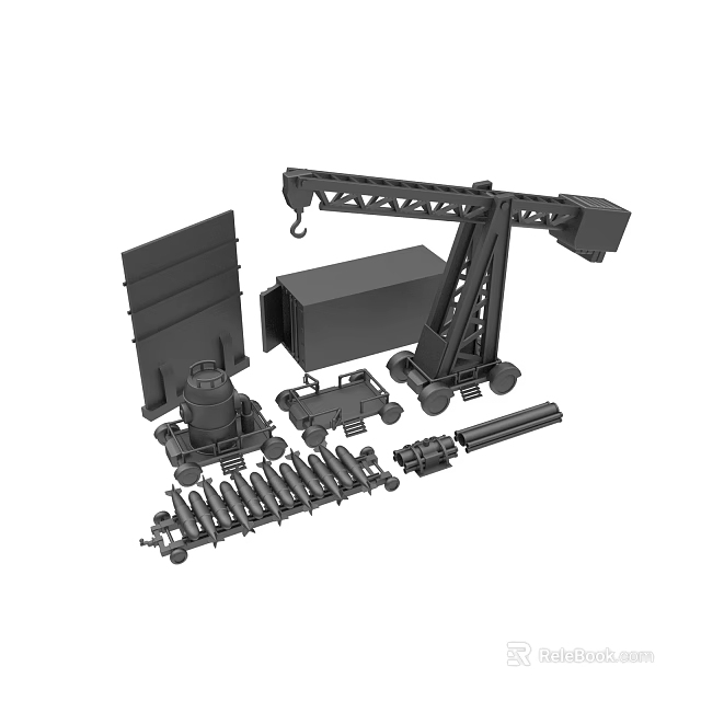 Mechanical Construction Equipment Set with Crane Container Wheels Tracks and Stands 3d model 