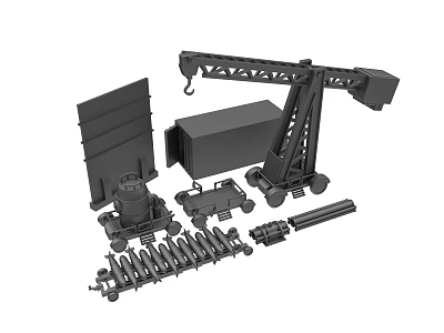 Mechanical Construction Equipment Set with Crane Container Wheels Tracks and Stands 3d model