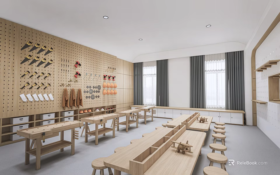 Art Classroom Interior With Wooden Furniture And Displays 3d model 