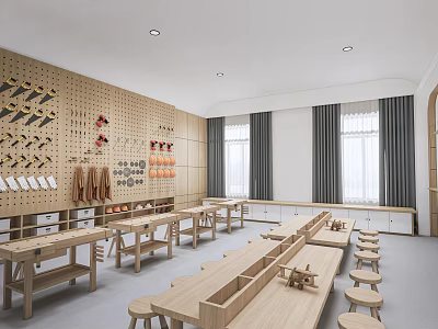 Art Classroom Interior With Wooden Furniture And Displays 3d model