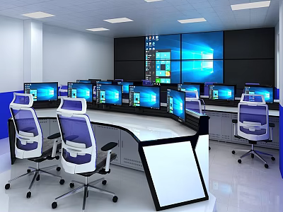 Professional Monitoring Room With Multiple Display Screens Workstations And Office Chairs 3d model