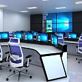 Professional Monitoring Room With Multiple Display Screens Workstations And Office Chairs