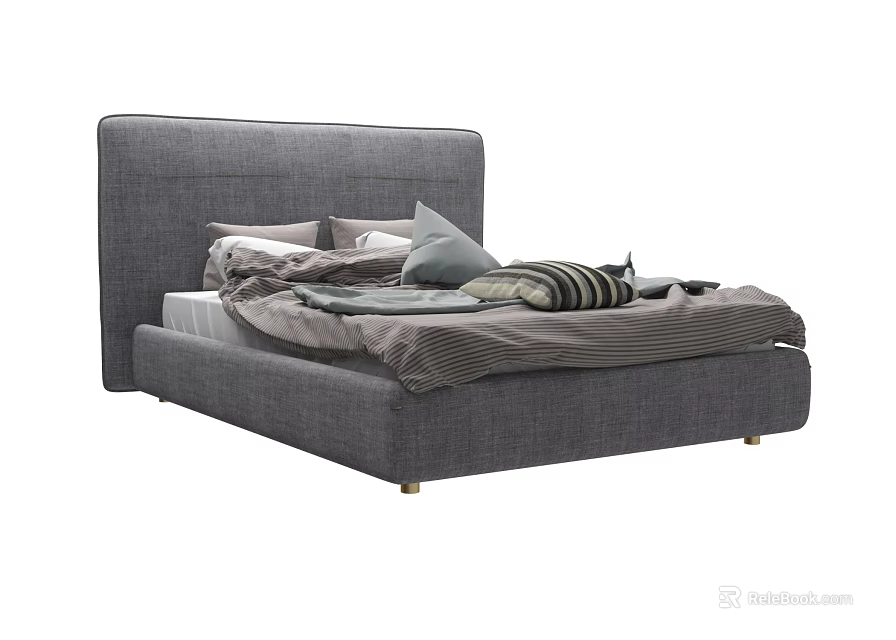 Modern Gray Double Bed With Upholstered Headboard Striped Blanket And Pillows 3d model