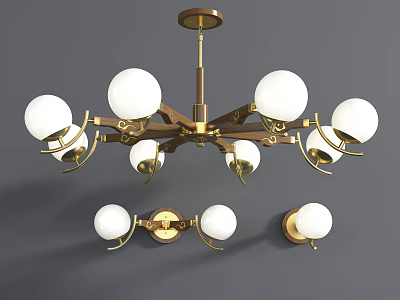 Modern Elegant Lighting Fixture Set With Golden Metal Chandelier And Wall Sconces White Globe Shades 3d model