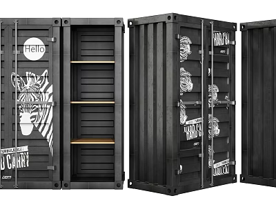 Black Container Style Wardrobe with White Graphics on Doors and Wooden Shelves Inside 3d model