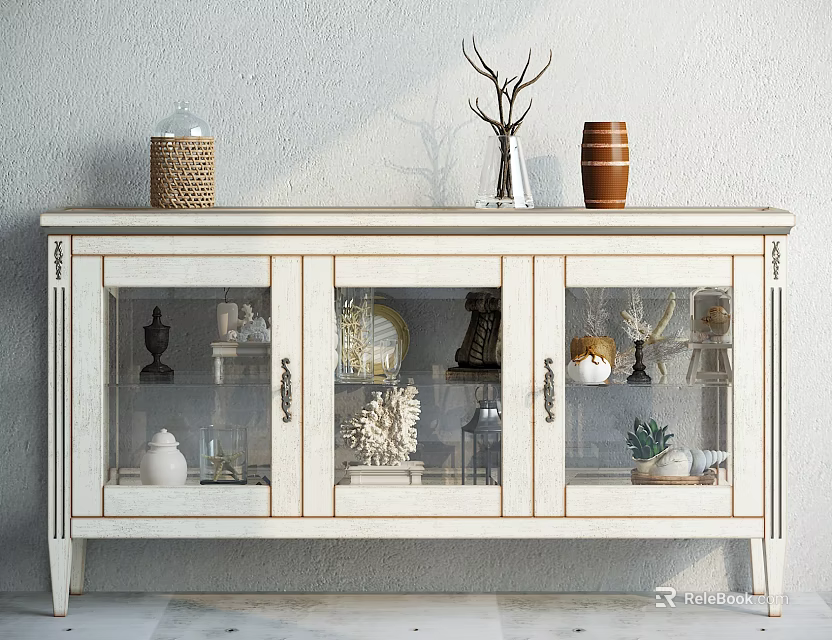 White Decorative Cabinet With Glass Doors And Ornaments On Top And Inside 3d model 