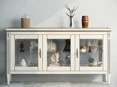 White Decorative Cabinet With Glass Doors And Ornaments On Top And Inside 3d model