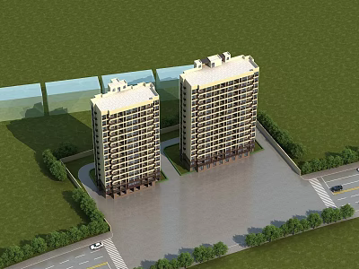 Two Tall Residential Buildings With Green Lawns Trees Road And Parking Area 3d model