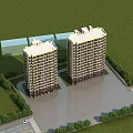 Two Tall Residential Buildings With Green Lawns Trees Road And Parking Area