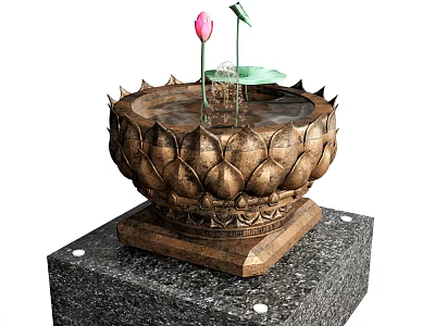 Garden Ornament Lotus Shaped Fountain with Marble Base Pink Lotus and Green Leaf 3d model