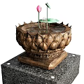 Garden Ornament Lotus Shaped Fountain with Marble Base Pink Lotus and Green Leaf