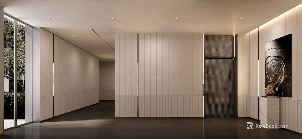 Modern Elevator Hallway Interior With Light Colored Panel Walls And Smooth Flooring 3d model