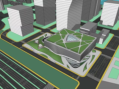 Modern Urban Architecture Featuring Green Roof And Glass Structure In City Center 3d model