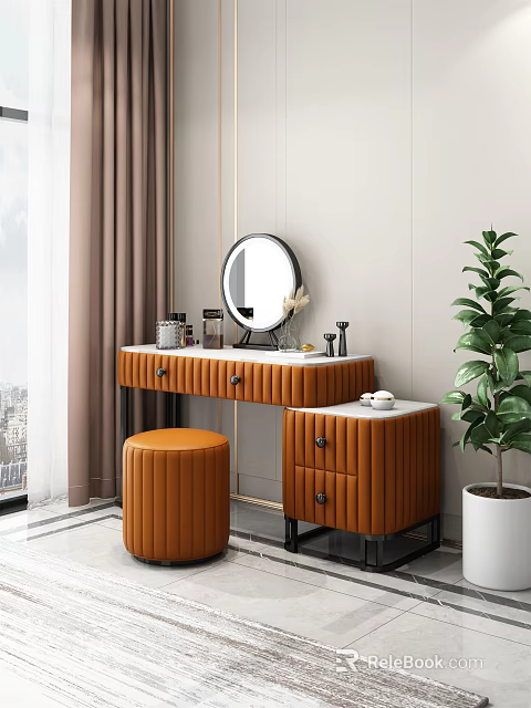 Modern Stylish Dressing Table With Round Mirror White Marble Countertop And Orange Stool 3d model 