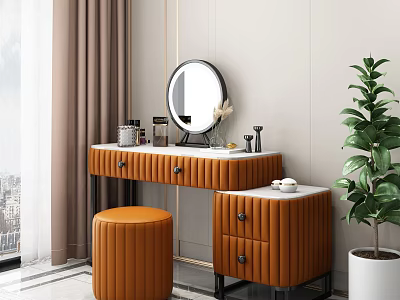 Modern Stylish Dressing Table With Round Mirror White Marble Countertop And Orange Stool 3d model