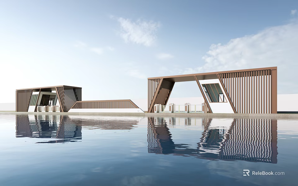 Modern Gate With Wooden Slatted Structure And Pool Reflection Under Blue Sky 3d model 