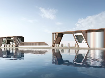 Modern Gate With Wooden Slatted Structure And Pool Reflection Under Blue Sky 3d model