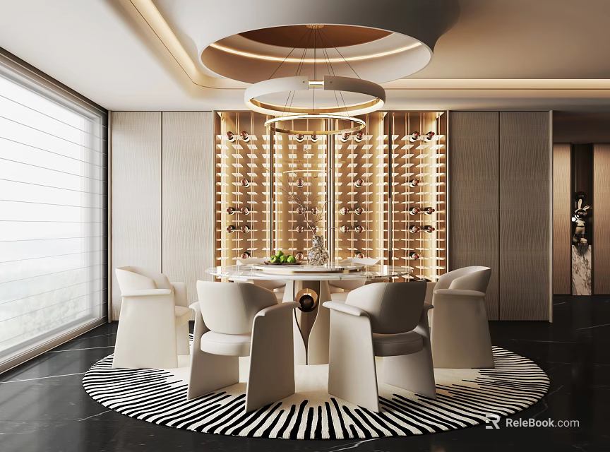 Elegant Modern Restaurant Interior Design With Round Dining Table Wine Rack And Pendant Light 3d model