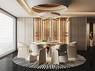 Elegant Modern Restaurant Interior Design With Round Dining Table Wine Rack And Pendant Light 3d model