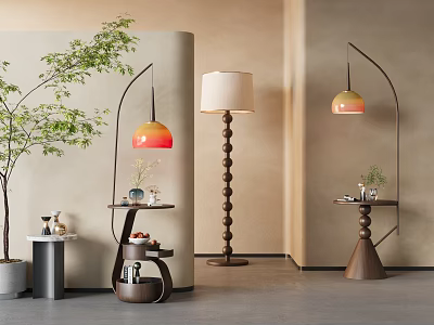 Modern Floor Lamp with Spherical Pole and Linen Shade in Minimalist Interior with Side Table Plants 3d model